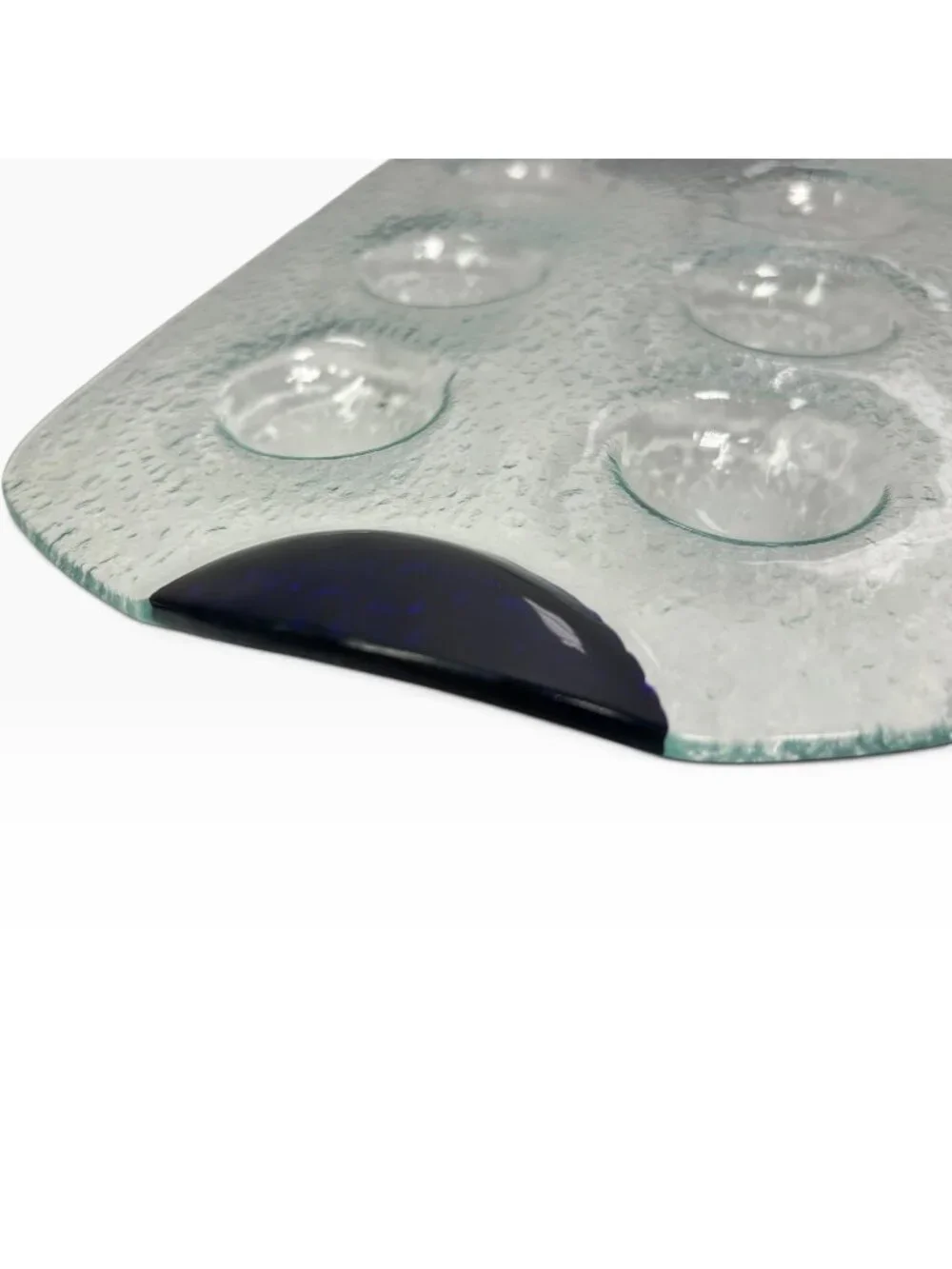 Dansk Glass Escargot Deviled Egg Platter Tray Dark Blue Handles Textured Clear